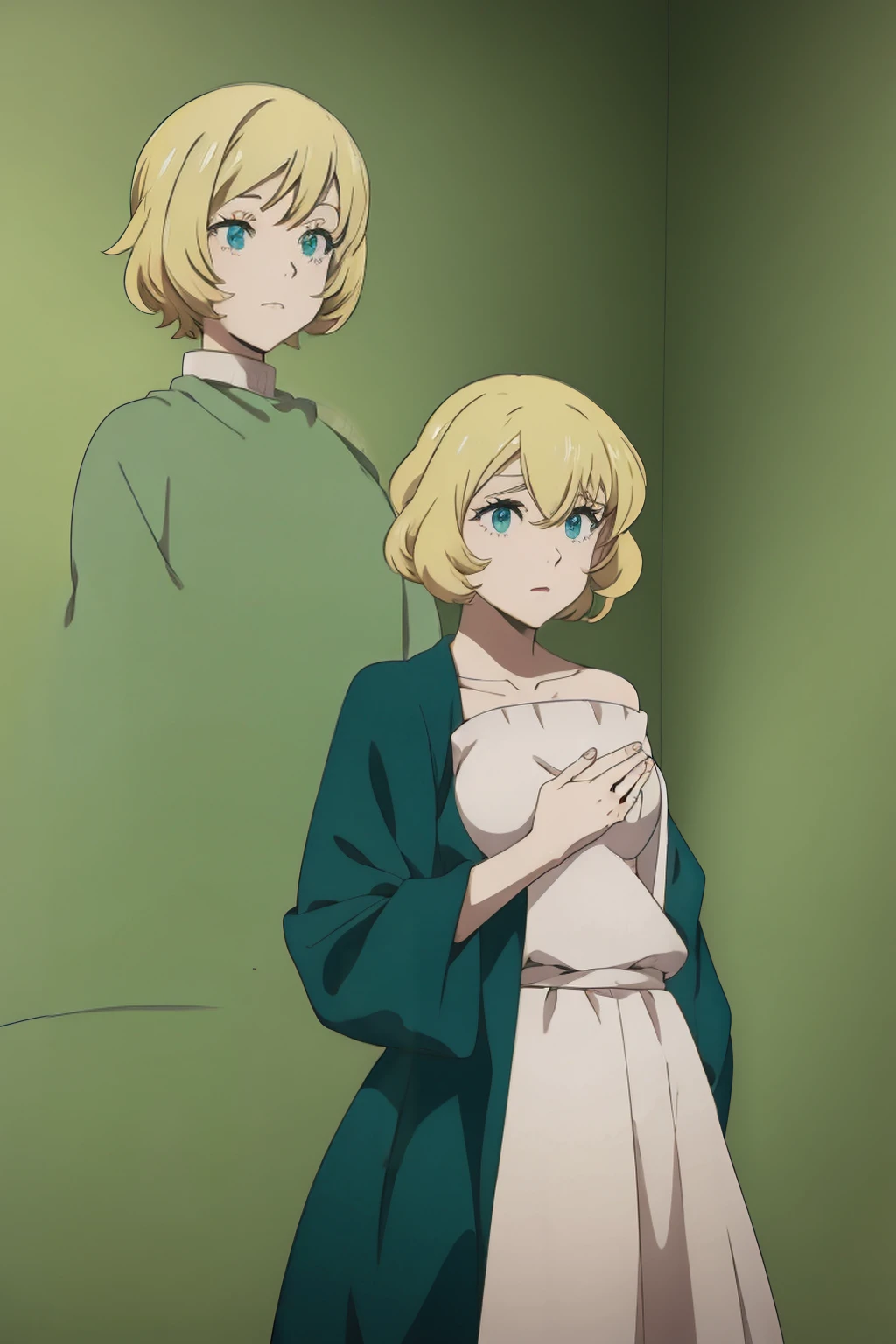 Animated 2D anime girl, Blonde short hair above the shoulders, somewhat curly hair, pale pink lips, pale white skin,blue green eyes, anime