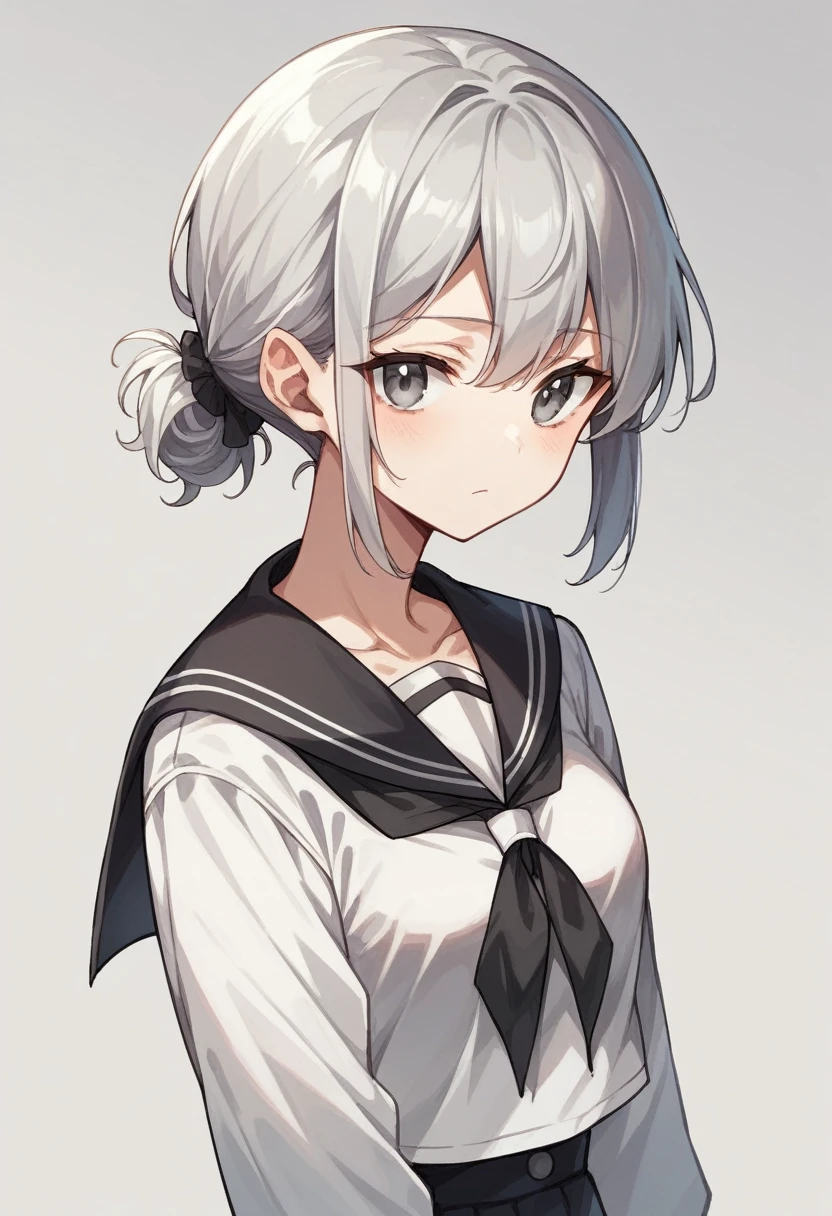 (girl,Silver Hair,Short wavy hairstyle,Grey Eyes,Medium Chest,)Black Sailor Suit,図書館で本を読むgirl