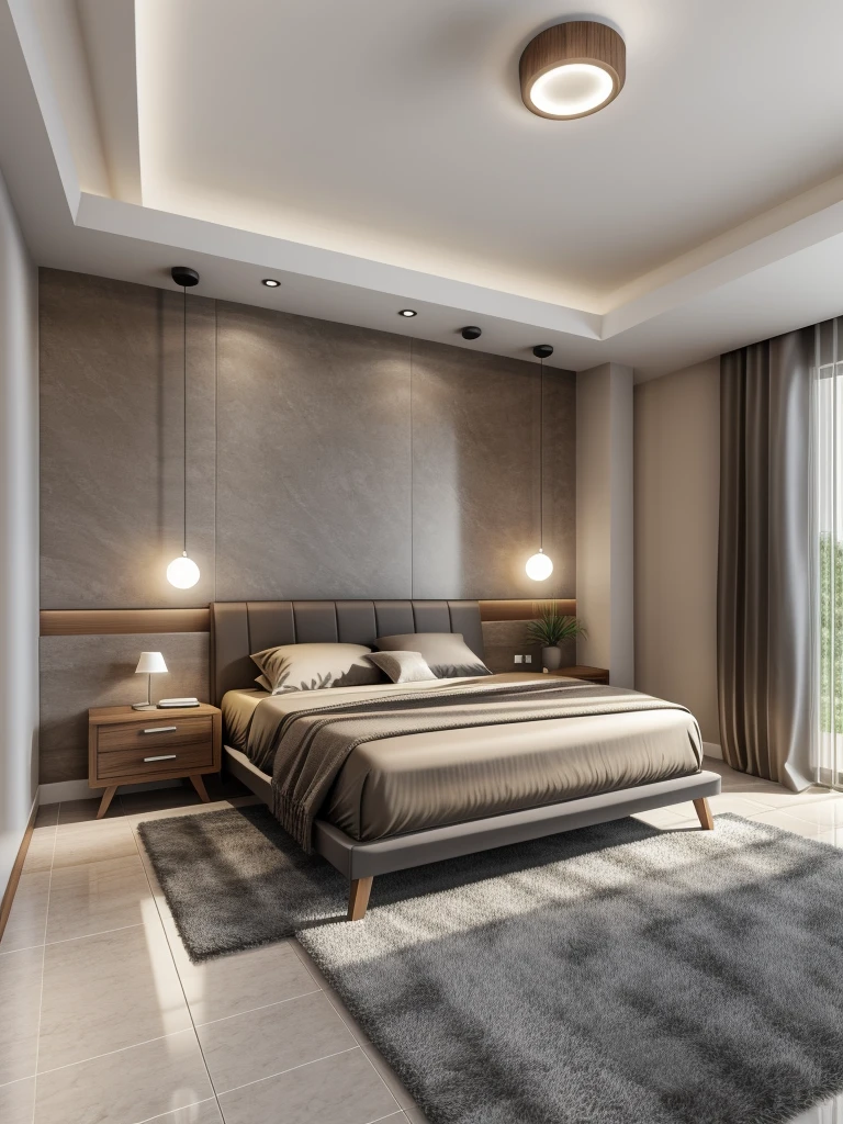 modern bedroom, (supper detail:1.2), brown luxury bed, combo tropical style poter on the wall, marble floor, 1 big abtract poster on the wall, warm light