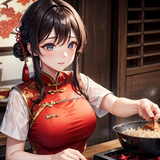 Mature Woman Red Chinese Dress Using a Chinese pan、Making fried rice There is a slit