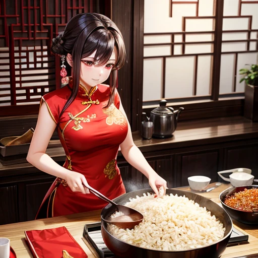 Mature Woman　Red Chinese Dress　Using a Chinese pan､Making fried rice　There is a slit