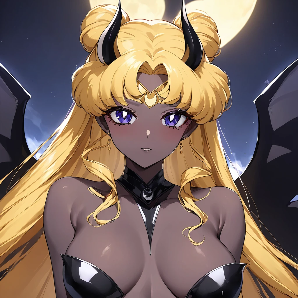 ((Highest quality)), ((masterpiece)), (detailed), (Perfect Face)、The woman is naked and is the bride of the Demon King, the Dark Queen of the Black Moon Clan, the Demon Queen, Devil Queen Serenity, a sexy female demon with jet black skin.、The woman is a jet-black female demon with magnificent devil horns, jet-black devil wings, and a jet-black tail. Her skin is jet-black, and she has a black inverted crescent moon mark on her forehead. She is the jet-black demon Devil Queen Serenity, and she has blonde hair.2The expression of a girl in love with her long hair tied up、Woman is Devil Queen Serenity