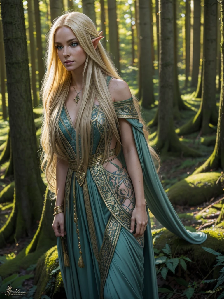 "Elf with a captivating gaze, ethereal beauty, flowing golden hair, adorned in intricate elven attire, surrounded by mystical forest, soft sunlight filtering through lush greenery."