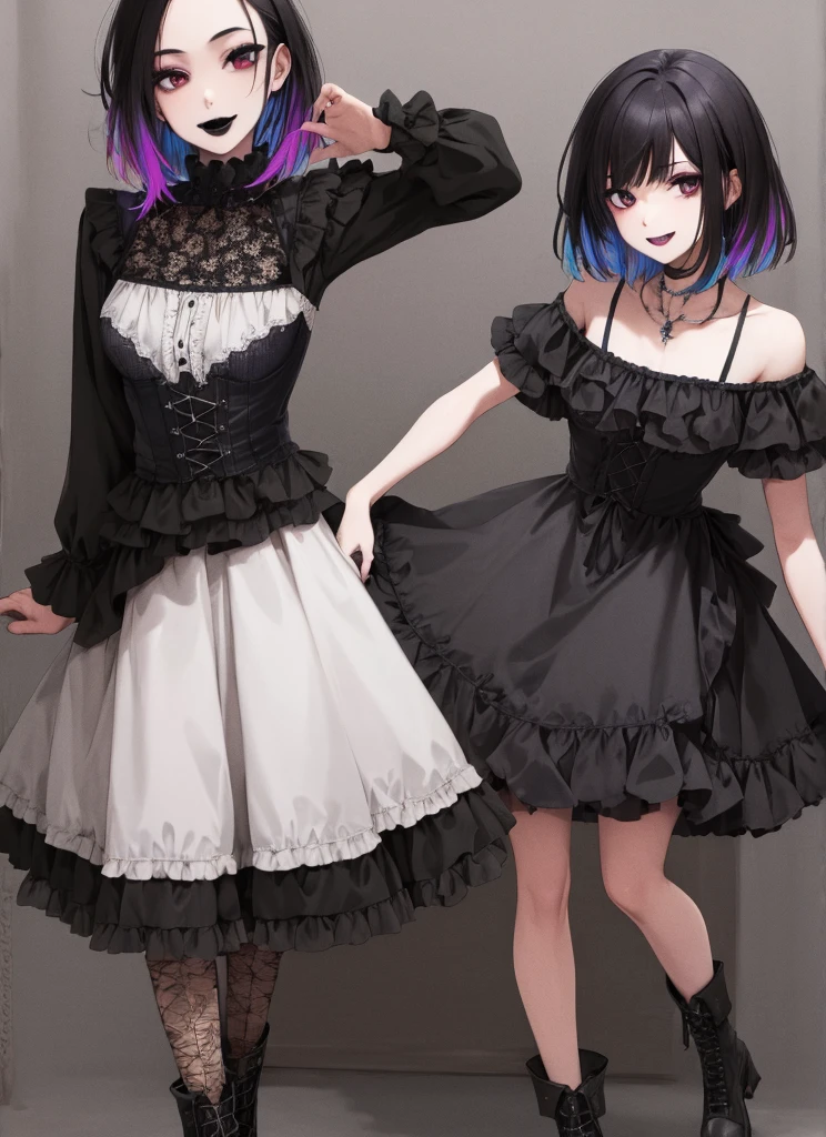 ((best quality)), ((highly detailed)), masterpiece, absurdres, extremely detailed face, beautiful face, (detailed eyes, deep eyes), (1girl), dynamic pose, cowboy shot, goth girl, gothic, makeup, (eyeshadow, mascara), ((black lips)), Phantasma_Ghoul_School, multicolored hair, blue skin, ghost, smiling, blue dress, short sleeves, collarbone, high heel boots, white footwear, (in a wild west town, dawn)