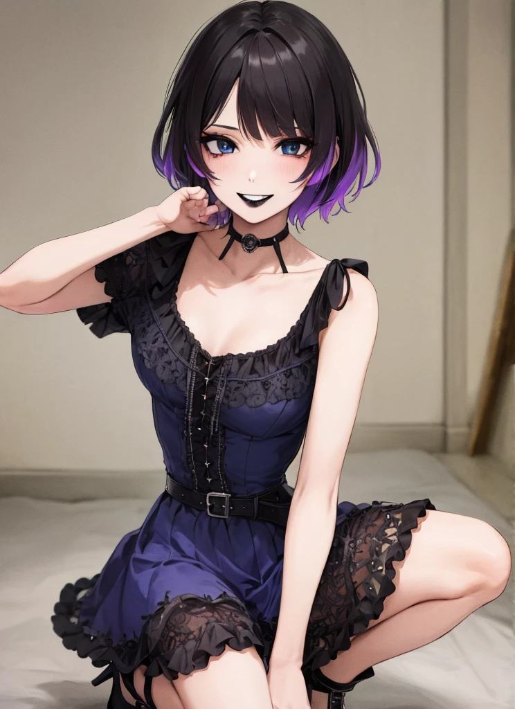 ((best quality)), ((highly detailed)), masterpiece, absurdres, extremely detailed face, beautiful face, (detailed eyes, deep eyes), (1girl), dynamic pose, cowboy shot, goth girl, gothic, makeup, (eyeshadow, mascara), ((black lips)), Phantasma_Ghoul_School, multicolored hair, blue skin, ghost, smiling, blue dress, short sleeves, collarbone, high heel boots, white footwear, (in a wild west town, dawn)