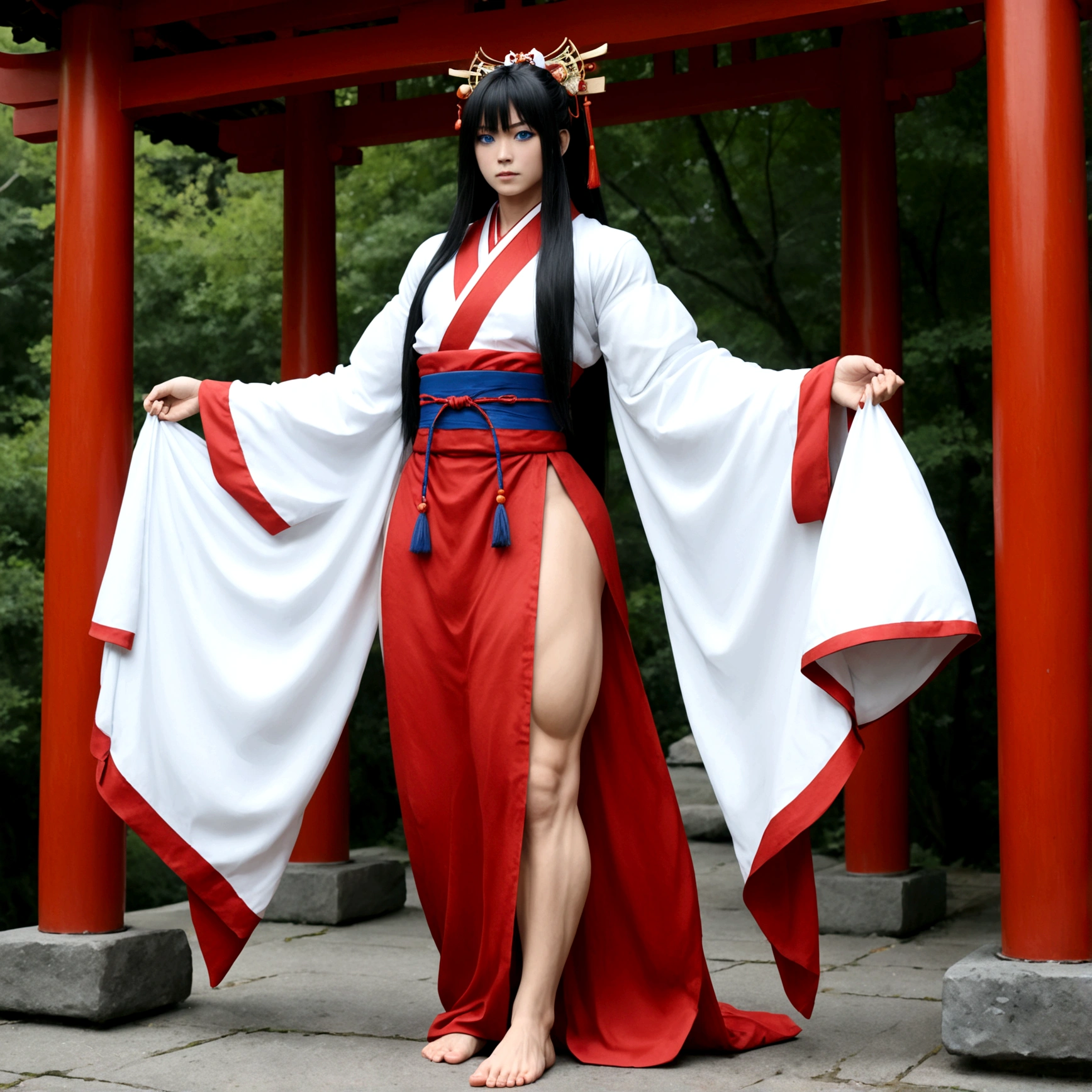 Femboy, long hair, blue eyes, gigantic muscular body, shrine maiden outfit, big breasts, erect penis with big balls, 4 arms, full body.