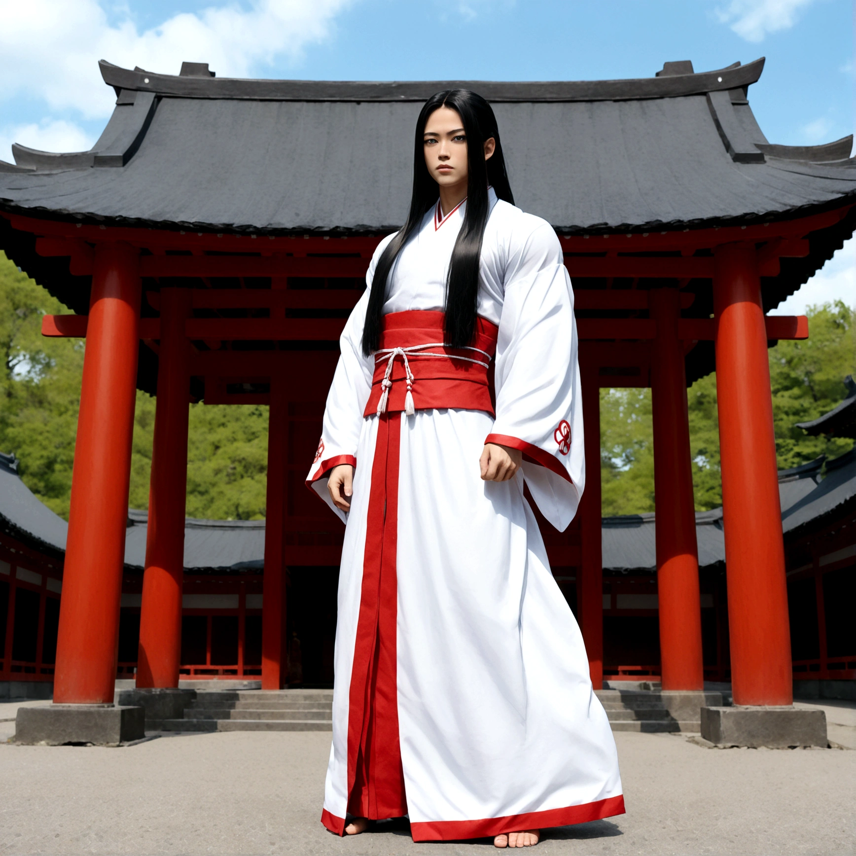 Femboy, long hair, blue eyes, gigantic muscular body, shrine maiden outfit, full body.
