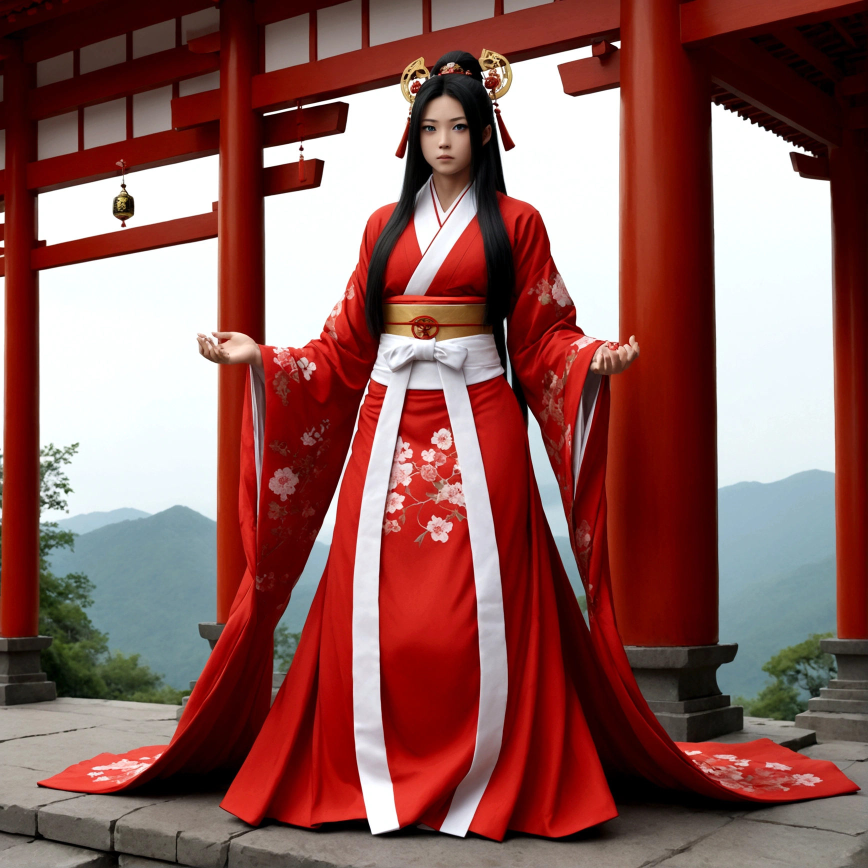 Femboy, long hair, blue eyes, gigantic muscular body, shrine maiden outfit, full body.