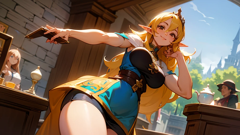 Anime Style,Nostalgic,Detailed background,The medieval world,A lively coffee shop with lots of people,Smiling bard beautiful elf girl holding coffee,Large Breasts,Healthy thighs,Underarm