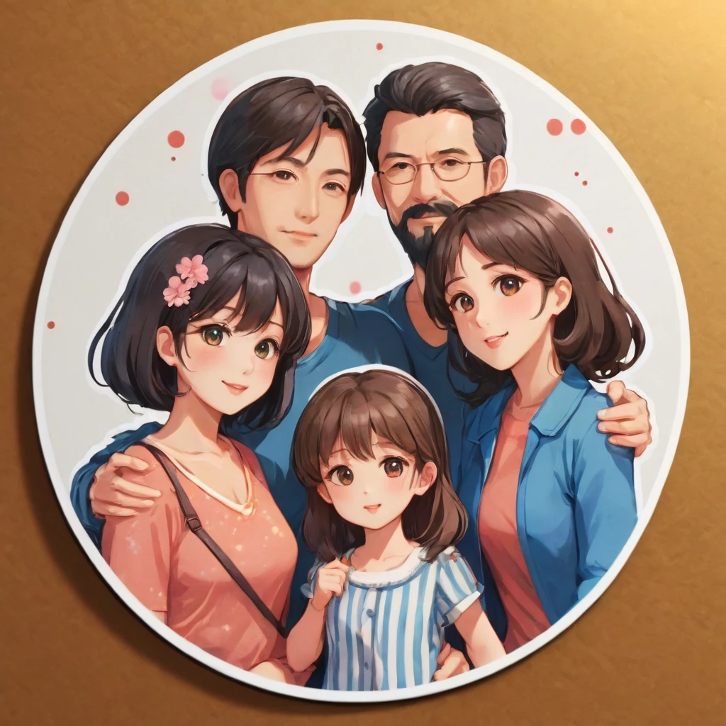 (sticker), (3D anime), family of 4 people, father mother daughter, 2 daughters, Father and mother are on the side., The children are in the middle., (in circle background), Very detailed, Detailed diagram, is a vector, 8K, 专业sticker设计, graphic design, Vector Lines, sticker, Full HD