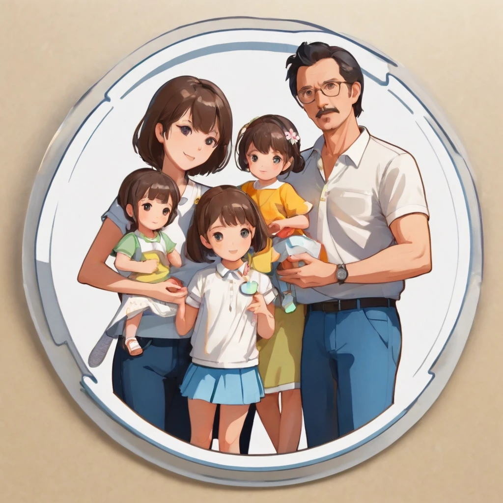 (sticker), (3D anime), family of 4 people, father mother daughter, 2 daughters, Father and mother are on the side., The children are in the middle., (in circle background), Very detailed, Detailed diagram, is a vector, 8K, 专业sticker设计, graphic design, Vector Lines, sticker, Full HD
