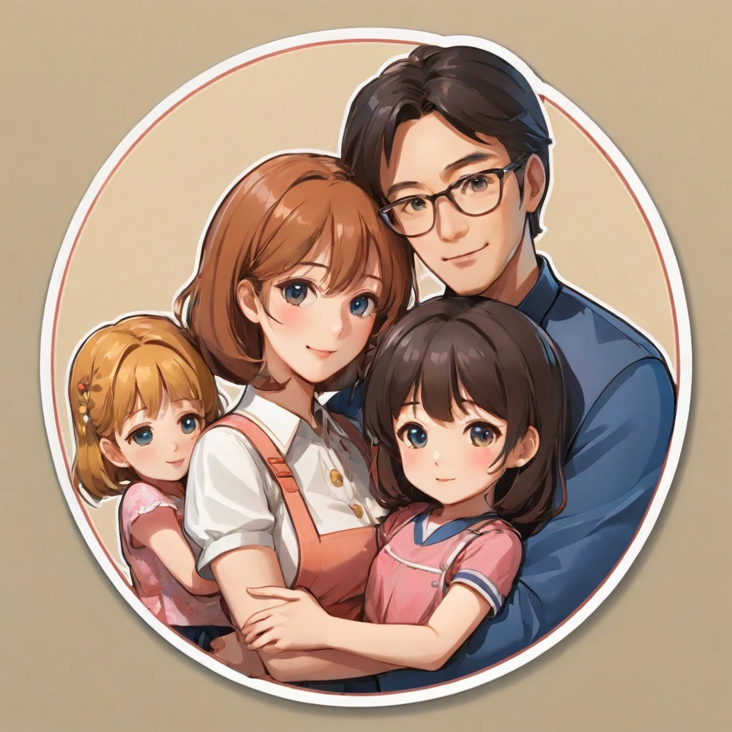 (sticker), (3D anime), family of 4 people, father mother daughter, 2 daughters, Father and mother are on the side., The children are in the middle., (in circle background), Very detailed, Detailed diagram, is a vector, 8K, 专业sticker设计, graphic design, Vector Lines, sticker, Full HD