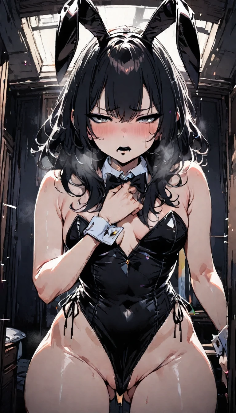 (high quality, 8k, 4K, high contrast, artwork:1.2, high quality, best aesthetics), (dynamic angle), ((1 woman)), erotic, sensual, mature body, super detailed, beautiful face detailed, beautiful eyes detailed, detailed beautiful mouth, sexy body, perfect breats, perfect wide thighs, (long black wavy hair), (black eyes), (serious expression), (penetrating gaze), (black lipstick), (black eyeliner), (black eyeshadow), (black sleeveless bodycon costume), (black sexy playboy bunny suit), (black bunny ears), (exposed thighs), (standing), (centered), (looking at the viewer), (inside a bedroom).