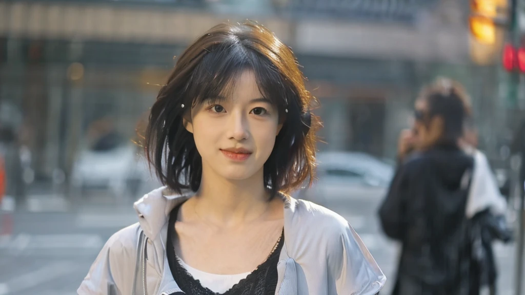 ((Highest quality, 8K, masterpiece:1.3)), concentrated: 1.2, Perfect Body Beauty: 1.4, Hips: 1.2, ((Layered Haircut, chest: 1.2)), (Wet clothes: 1.1) , (rain, street:1.3), Bandeau dress: 1.1, Highly detailed face and skin texture, Delicate eyes, double eyelid, White skin, Long Hair,In the city in the evening,daily