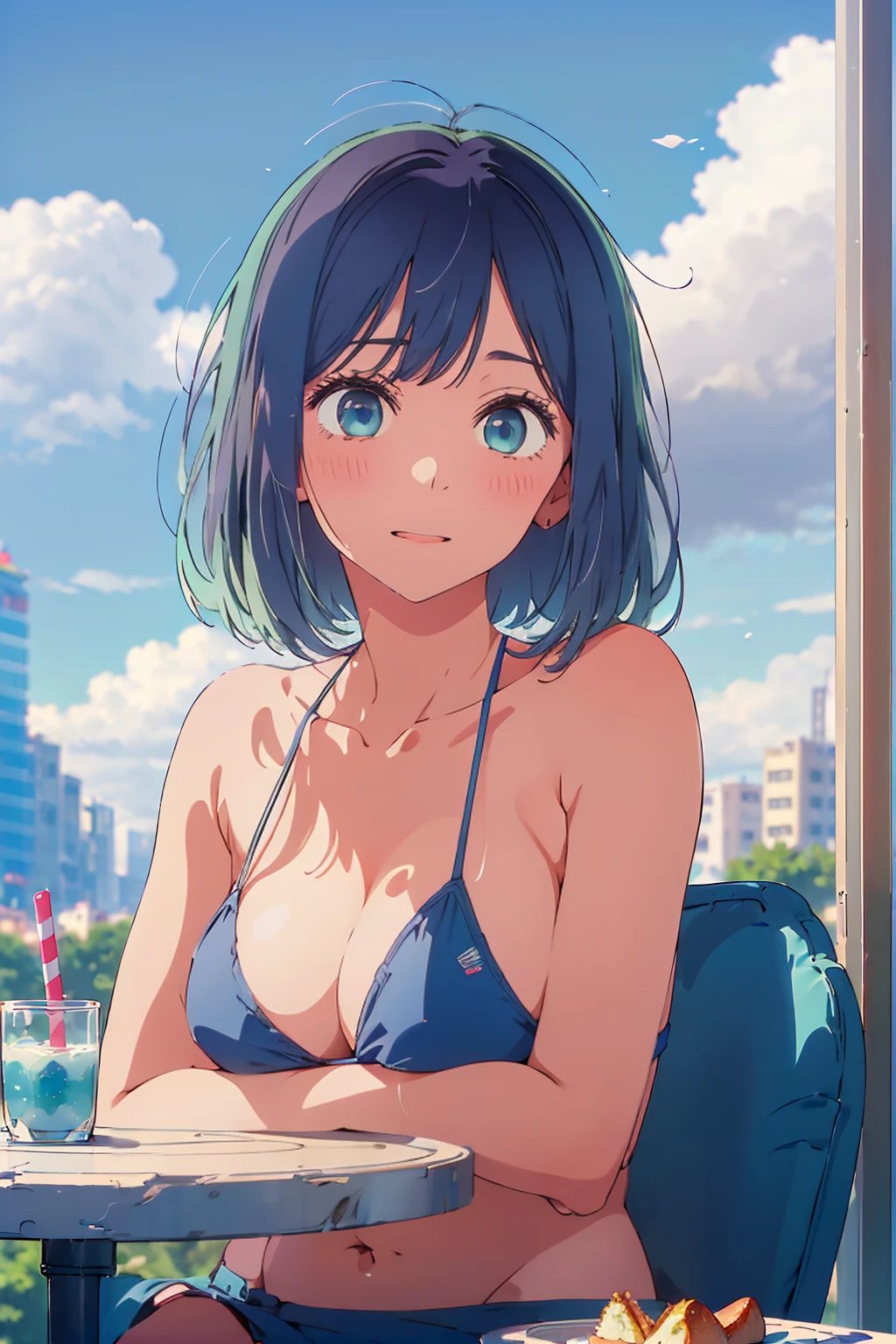 (Highest quality:1.4、masterpiece:1.4、Super detailed:1.4、8K:1.4)、F cup bust、Big Breasts、Slim body、((((1 person、Surprised expression、sit、In the background are the urban buildings of Tokyo、looking at the camera、Outdoor café terrace、coastal、Navy hair color、Shooting from an oblique angle、juice、table、Very cute face))))、((nude、Areola、bikini size too small))、Very blue sky、A completely cloudless sky、Big eyes、((((Shallow depth of field))))