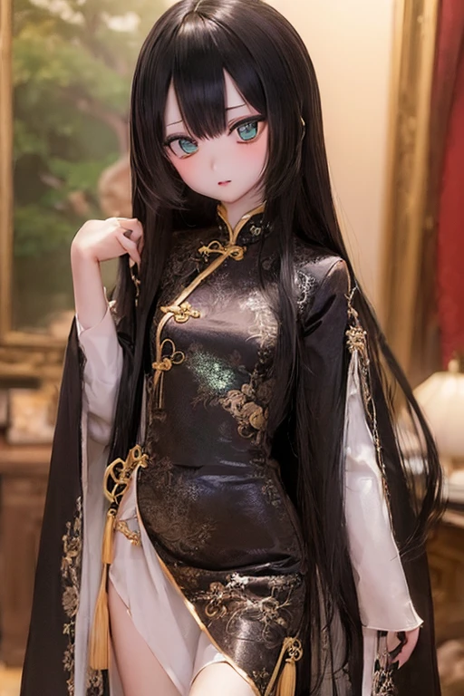 (SFW:2), photorealistic, realistic photo, ((highest quality)), ((masterpiece)), ((extremely detailed)), kukolnydom, doll, 1girl, solo, ((cowboy shot, standing, skinny, slender, slim, china dress, qipao, hair ornament)), green eyes, light smile, parted lips, (black hair, long hair, looking at viewer, blank eyes, empty eyes, detailed eyes, detailed clothes:1.3), chinese room, 8k