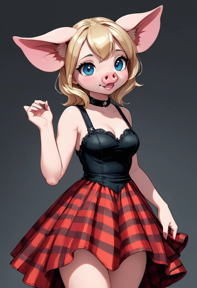 Create an illustrated, hand-drawn, full-color image of an humanoid, hybrid, anthropomorphic, sexy pig woman. The artwork should be rendered in the style of "Breath of the Wild," featuring warm lighting and shadows. Include graphite shading, stencil marks, and airbrushed acrylic paint effects. The image should be of the highest quality, a masterpiece with intricate details. cow nose, cow ears. The pig woman should have a female, humanoid, appearance. She should have luscious lips, a wide smile, and bright, expressive eyes, exuding beauty, cuteness, and adorableness. Ensure the image is high resolution and sharply detailed, with a detailed and vibrant background. Scarlett Johanson, Alison Brie, Dove Cameron Incorporate mystical lighting in the background, creating a romantic and enchanting atmosphere. gingham dress.