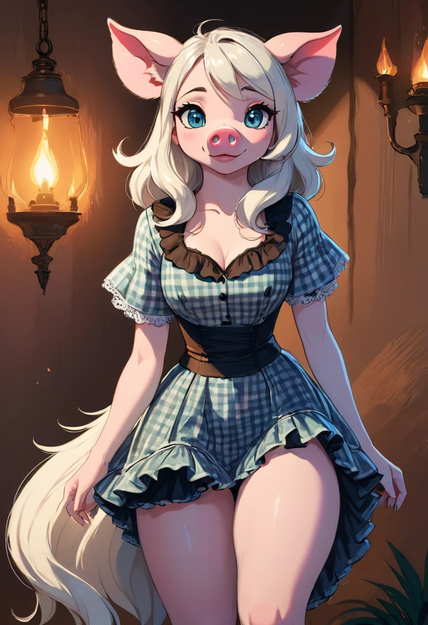 Create an illustrated, hand-drawn, full-color image of an humanoid, hybrid, anthropomorphic, sexy pig woman. The artwork should be rendered in the style of "Breath of the Wild," featuring warm lighting and shadows. Include graphite shading, stencil marks, and airbrushed acrylic paint effects. The image should be of the highest quality, a masterpiece with intricate details. cow nose, cow ears. The pig woman should have a female, humanoid, appearance. She should have luscious lips, a wide smile, and bright, expressive eyes, exuding beauty, cuteness, and adorableness. Ensure the image is high resolution and sharply detailed, with a detailed and vibrant background. Scarlett Johanson, Alison Brie, Dove Cameron Incorporate mystical lighting in the background, creating a romantic and enchanting atmosphere. gingham dress.