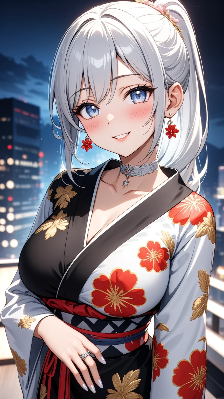 ((One personの女性)), Beautiful Face, Laughing embarrassedly, (laugh:1.2),((Wink:1.9)), (head tilt:1.3), Laugh with your mouth wide open, upper teeth, looking at viewer, ((full-face blush:1.6)),Glossy Red Lips, Night view, High rise building terrace, firework, Glossy red lips, Shining Face, ((anime colored)), ((Anime style background)),masterpiece, Highest quality, so beautiful,up to date, Complex details, (Pink long nails),(ring),(bracelet),(Floral choker),AI-generated, Complex,High resolution, Highest quality, super high quality,3D Images、3D Images, One person, Long white hair, High Ponytail, Anime woman posing for a photo, (blue eyes), ((Fine grain、Silvery white, lightly pigmented eyes、Shining Eyes:1.4)), (Squint your eyes:1.1),a hyperRealistic , hyperRealistic , Realistic,Anime woman with long white hair, Smooth anime CG art, ((A woman in a colorful kimono with gold embroidery)), ((Long sleeve black kimono:1.3)),((Red floral pattern)),Long flower hair ornament,Earrings,Mature Body,(Big Breasts:1.1),Tall,Abdominal muscles,Tight waist,(face focus:1.1), (front view),
