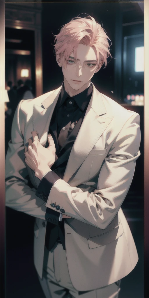 a man in a formal suit, high quality detailed illustration, 1 mature man, full body, bishoujo, bright skin, looking down, looking at viewer, pink hair, blue eyes, hanbok, high quality tailored suit, corporate CEO, (best quality, 4k, 8k, highres, masterpiece:1.2), ultra-detailed, (realistic, photorealistic, photo-realistic:1.37), HDR, UHD, studio lighting, ultra-fine painting, sharp focus, physically-based rendering, extreme detail description, professional, vivid colors, bokeh, portraits, concept art