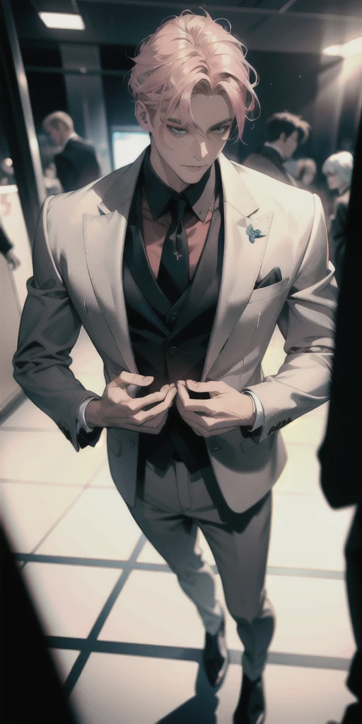 a man in a formal suit, high quality detailed illustration, 1 mature man, full body, bishoujo, bright skin, looking down, looking at viewer, pink hair, blue eyes, hanbok, high quality tailored suit, corporate CEO, (best quality, 4k, 8k, highres, masterpiece:1.2), ultra-detailed, (realistic, photorealistic, photo-realistic:1.37), HDR, UHD, studio lighting, ultra-fine painting, sharp focus, physically-based rendering, extreme detail description, professional, vivid colors, bokeh, portraits, concept art
