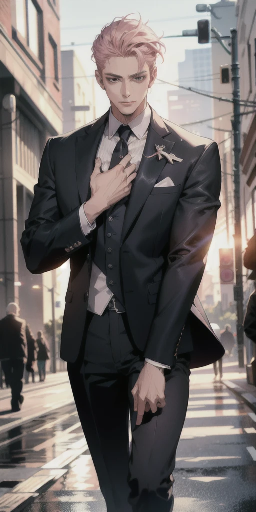 a man in a formal suit, high quality detailed illustration, 1 mature man, full body, bishoujo, bright skin, looking down, looking at viewer, pink hair, blue eyes, hanbok, high quality tailored suit, corporate CEO, (best quality, 4k, 8k, highres, masterpiece:1.2), ultra-detailed, (realistic, photorealistic, photo-realistic:1.37), HDR, UHD, studio lighting, ultra-fine painting, sharp focus, physically-based rendering, extreme detail description, professional, vivid colors, bokeh, portraits, concept art