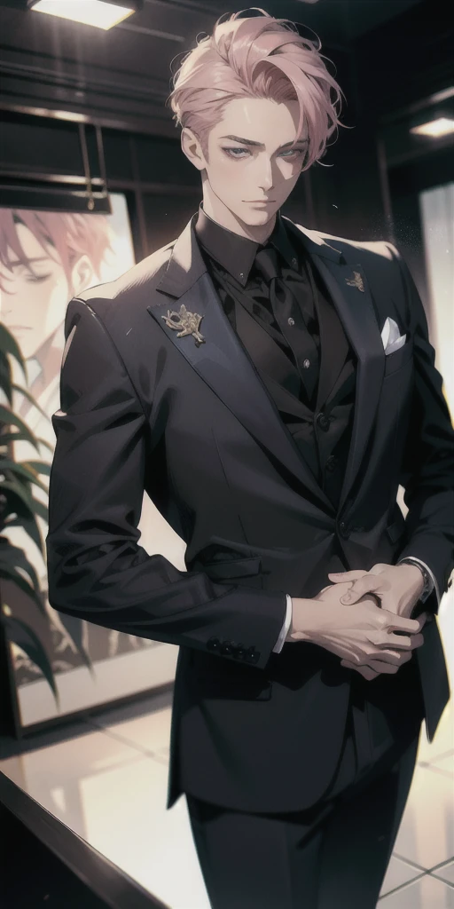 a man in a formal suit, high quality detailed illustration, 1 mature man, full body, bishoujo, bright skin, looking down, looking at viewer, pink hair, blue eyes, hanbok, high quality tailored suit, corporate CEO, (best quality, 4k, 8k, highres, masterpiece:1.2), ultra-detailed, (realistic, photorealistic, photo-realistic:1.37), HDR, UHD, studio lighting, ultra-fine painting, sharp focus, physically-based rendering, extreme detail description, professional, vivid colors, bokeh, portraits, concept art