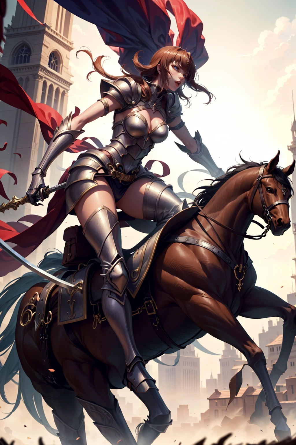 sexy swordsman knight woman riding on a horse on the battlefield, feet with leather boots