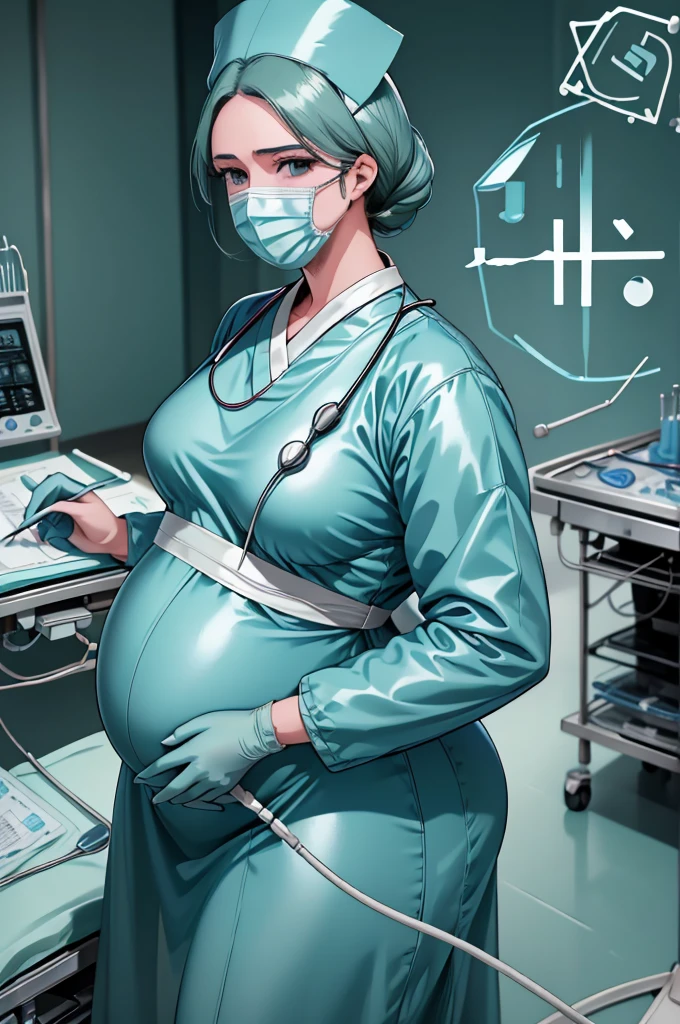 Score_9, Score_8_up, Score_7_up, source_anime, unohana retsu, pale skin, surgical mask, surgical cap, long sleeve surgical gown,
1 girl, pregnant, solo, rubber gloves, looking down, frowning, operating bed, in the operating room, standing,