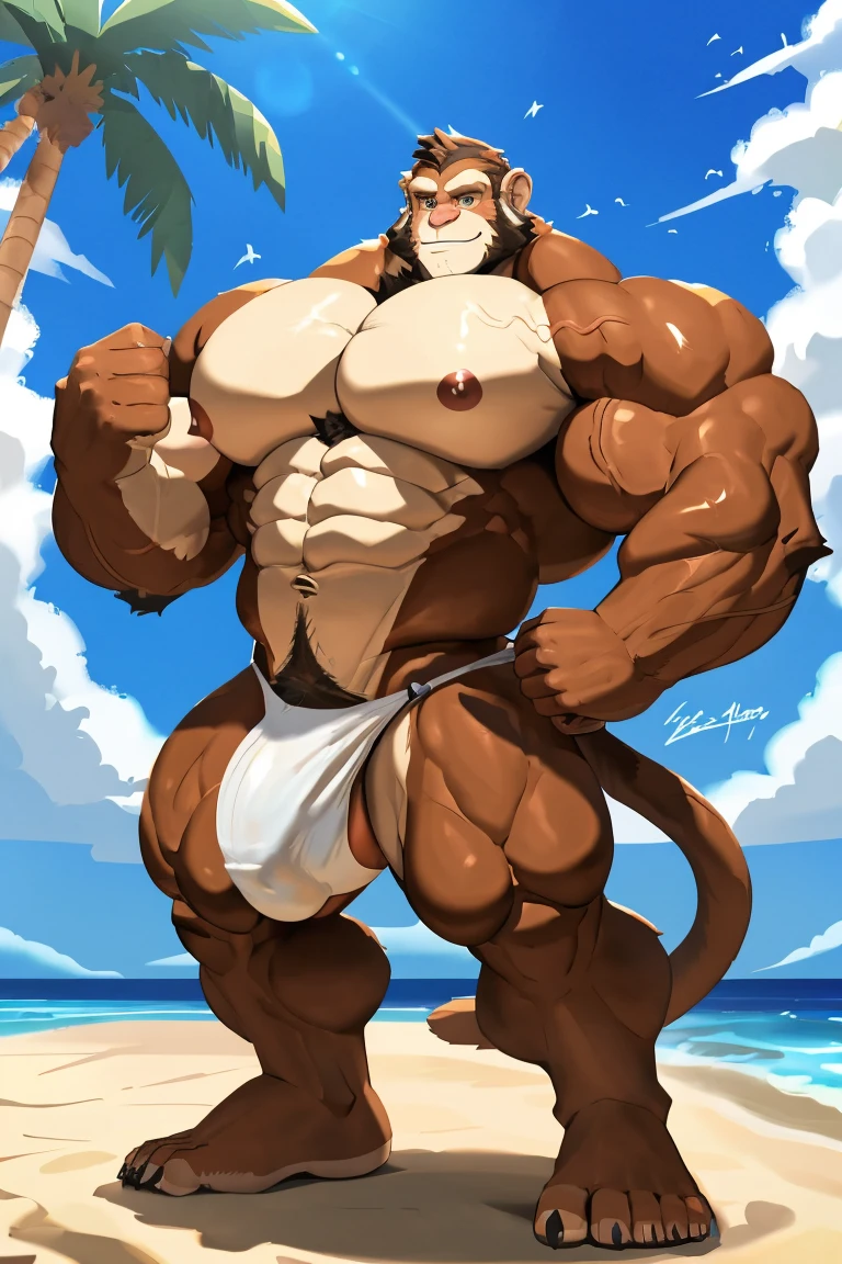 twin monkey brothers exaggeratedly muscular, detailed eyes, prominent and dilated veins, alpha male, oily skin, huge pecs (huge: 2.5), sensual expression, nicebulge, sexy pose flexing biceps, huge ass, sexy expression, full body, wearing white thong (small, tight), on a sunny beach(palm trees, blue sky).