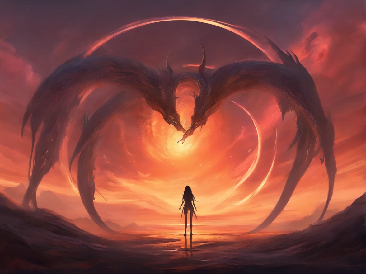 Creature with long arms ,Legs long , in the middle of it there is a black hole,the creature is like a cross in front of the sunset