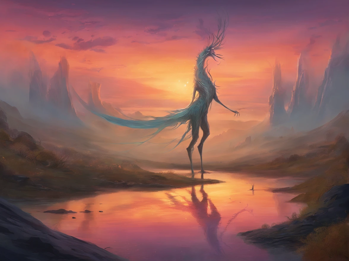 Creature with long arms ,Legs long , in the middle of it there is a black hole,the creature is like a cross in front of the sunset