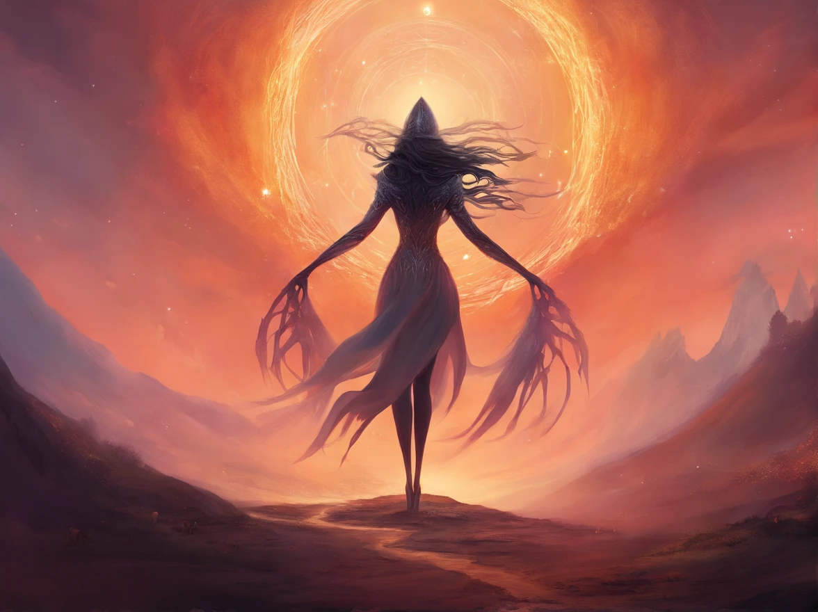 Creature with long arms ,Legs long , in the middle of it there is a black hole,the creature is like a cross in front of the sunset