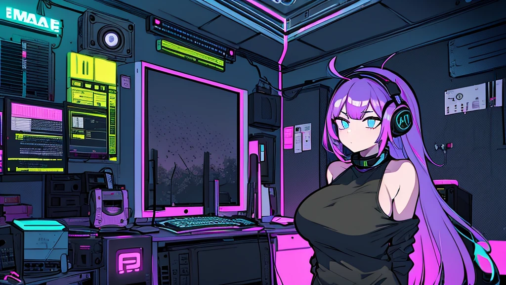 Best quality, (masterpiece), best detail face,1 girl, big breasts, 18 yo, 8k,absurdres,unity 8k wall paper,(extremely detailed:1.3), highest realistic, (retro headphones:), (soft neon light:), (psychedelic), Her room full of music equipment and plants, sports wear , See the whole room, She is leaving the room, dark yellow color palette
