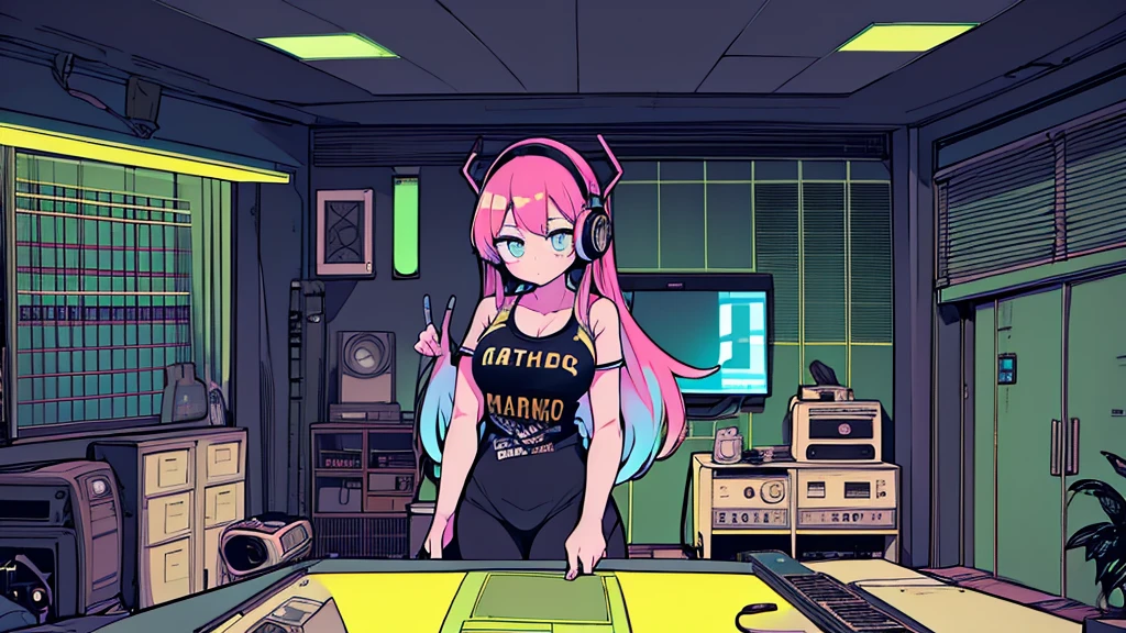 Best quality, (masterpiece), best detail face,1 girl, big breasts, 18 yo, 8k,absurdres,unity 8k wall paper,(extremely detailed:1.3), highest realistic, (retro headphones:), (soft neon light:), (psychedelic), Her room full of music equipment and plants, sports wear , See the whole room, She is leaving the room, dark yellow color palette