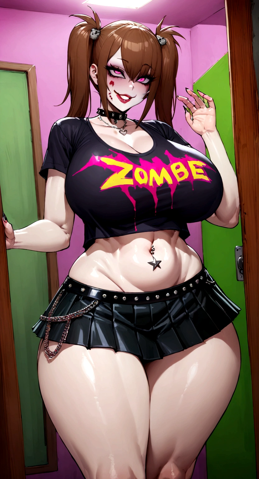 big lips, Brown hair, pink eyes, japanese face, improve, improve grin, two sides up, huge breasts, Wide hips, sexy, detailed, green room, Hits, (evil smile1.4), kawaii, pleated skirt, punk, GOOD, zombie costume, zombie shirt, zombie choker, zombie skirt, dezombie shirt,navel piercing