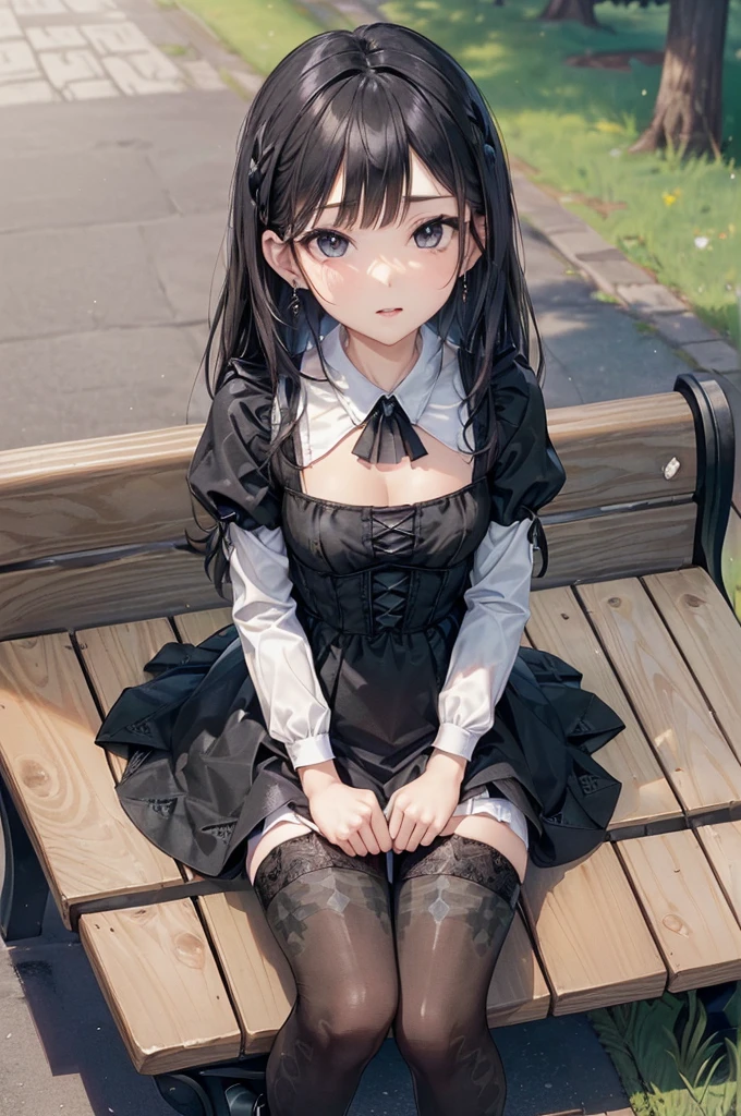((Biologically correct limb count))、(( From head to toe、Full-body photo including face))、4K、((Standing position))、masterpiece、((Focus on the face))、((Symmetrical facial features))、Eyes with detailed description、Beautiful woman、Great style、Beautiful arms、Beautiful legs、Beautiful Hands、(Small Ass、Thin thighs)、Facial detailing、Small earrings、necklace、(White see-through gothic dress、((High heels、Patterned black stockings)))、((Sitting on a bench in the park, looking up))、(((letter)))、Close-up photo of the upper body