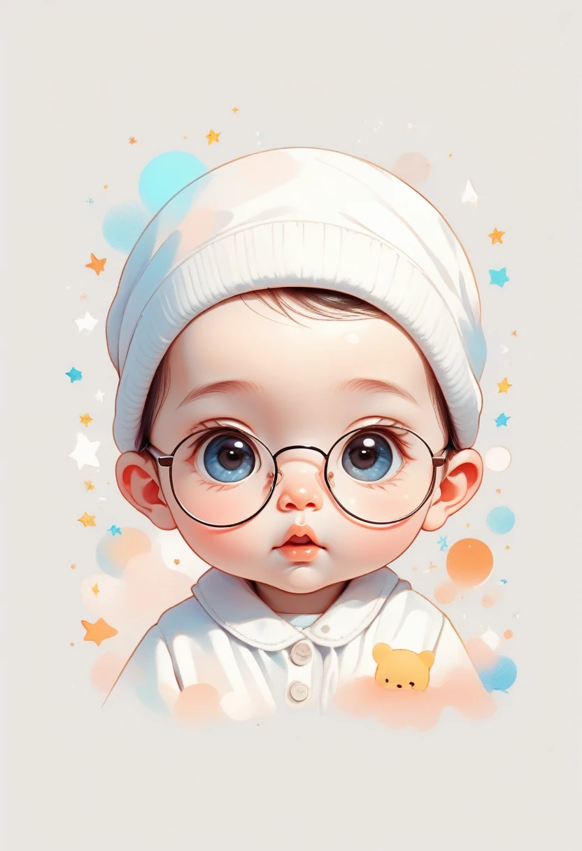 score_9, score_8_up, score_7_up, score_6_up, score_5_up, score_4_up, simple and cute, with simple and abstract characters, illustration style, 2.5D, delicate and dynamic depiction, portrait of face only, cute baby wearing glasses, warm and gentle light effects, color effects of soft