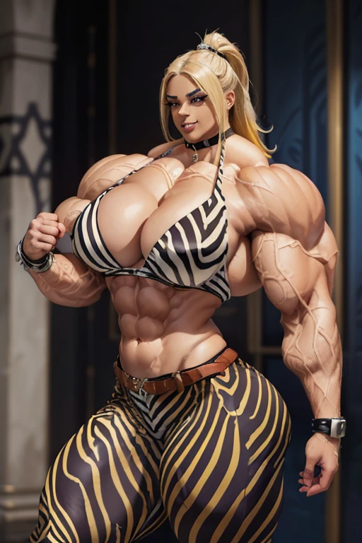 (((Massive tall, beautiful, buff, light brown skinned muscular woman with yellow hair, black lipstick, ginormous bulky muscles and wearing a beautiful zebra printed unbuttoned top with a beautiful zebra printed tight pants))), (close view), massive muscle, massive biceps, hyper muscle shoulders, massive muscle arms, vascular shoulders, hyper muscle triceps, (long flowing hair), (beautiful unbuttoned zebra printed blouse), gray eyes, gauntlets, gloves, choker, (beautiful zebra printed tight pants with a belt), boots, (in a ballroom), closed smile, night, hyper vascular arm, hyper muscles arms, hyper muscle legs, massive arms