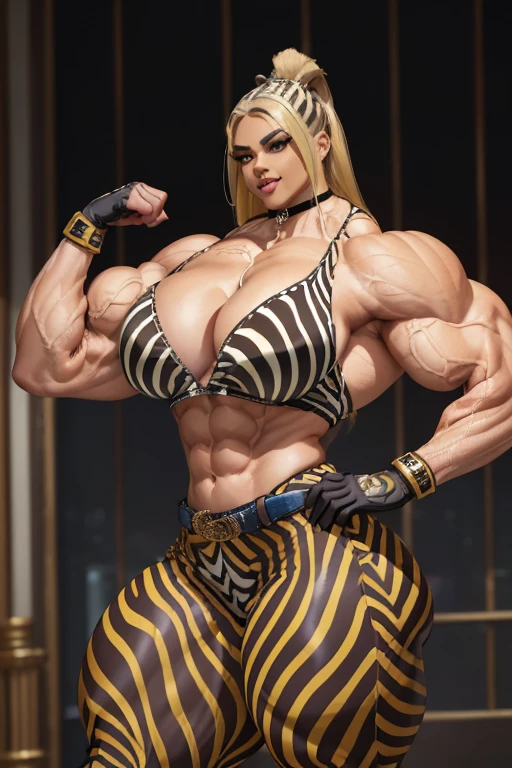 (((Massive tall, beautiful, buff, light brown skinned muscular woman with yellow hair, black lipstick, ginormous bulky muscles and wearing a beautiful zebra printed unbuttoned top with a beautiful zebra printed tight pants))), (close view), massive muscle, massive biceps, hyper muscle shoulders, massive muscle arms, vascular shoulders, hyper muscle triceps, (long flowing hair), (beautiful unbuttoned zebra printed blouse), gray eyes, gauntlets, gloves, choker, (beautiful zebra printed tight pants with a belt), boots, (in a ballroom), closed smile, night, hyper vascular arm, hyper muscles arms, hyper muscle legs, massive arms