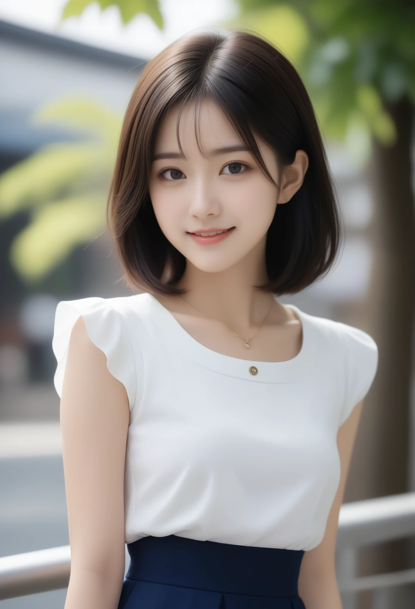 8K, Ultra-high resolution, Highest quality, masterpiece, 三分割法によるphotograph,Surreal, photograph, 1 Girl, (:1.3), pretty girl, Cute face, Beautiful eyes in every detail, 細かくdetailedに,masterpiece,, One Girl:1.2, Japan Female Announcer,whole body,Young Wife,Urban area,street tree,White blouse with collar,Short sleeve,Mid-length tight skirt,A carefree smile,Heal the heart,Black Hair,Short Bob,Looking at the audience、beauty,Long neck、Laugh a little、Please close your mouth and laugh、(((Ideal body type))),A cup small breasts :2,、Portraiture:2、Perfect Anatomy、鮮明なdetailed、detailed、Surreal、Light and shadow,Strong light 