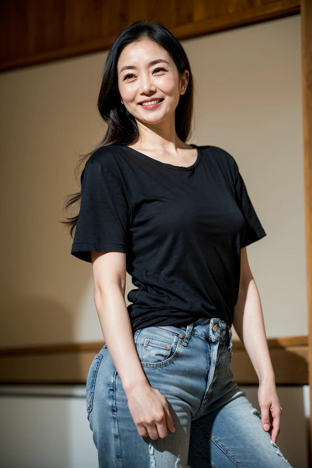 from side,(top-quality, masterpiece,photo realistic,ultra-detailed,Textured skin:1.2),(Anatomically correct),(1 girl),professional lighting, break ((wearing black tshirts),denim pants, break (small breasts),(drooping breasts), break (japanese mature woman),(45 years old),smile,long hair,