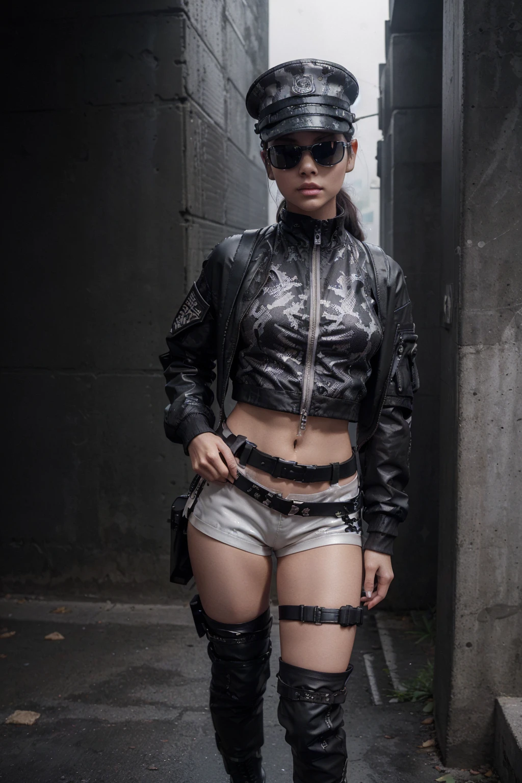 (NSFW), Masterpiece, Best Quality, realist, Futuristic fashion art, Resting beautiful young woman, ig model, April render, (wide angle, whole body shot, standing:1.6), BREAK bold exposure, (ultra thin waist, firm medium breasts, medium buttocks, beautiful sexy legs:1.2), camel toe, exuding a sculptural beauty, White and beautiful silky skin., thin and beautiful neck, small head, BREAK (Black and white military print bodysuit: 1.3), (Elegant black leather belt with futuristic metal buckle: 1.2), (Low Rise Black Leather Shorts with Zipper Details: 1.4), Urban vibes, (Sheer black mesh bomber jacket with black and white military patches: 1.4), (Chunky black combat boots with silver hardware: 1.5), fierce and bold, (Black Fingerless Gloves with White LED Lights.: 1.3), high tech accessories, (Black and White Camouflage Print Fisherman Hat: 1.3), (Oversized black sunglasses with reflective lenses: 1.2), nervous attitude, (White and black military print backpack with multiple compartments: 1.4), Function meets style, (Elegant high ponytail with black and white ribbon details: 1.3), futuristic hairstyle, (Black and white graphic eyeliner for dramatic eyes.: 1.4), Eye-catching makeup, (Safe passage with a touch of rebellion.: 1.5), embodying the essence of street-chic fashion of the future, (in a concrete, fog, fog, realist black Shadow) , small head, detailed face, cute and quite thin face, happy, Duck mouth, perfect beautiful tooth, groomed gray hair, Blue eyes, bright Eyes, spectator looking,