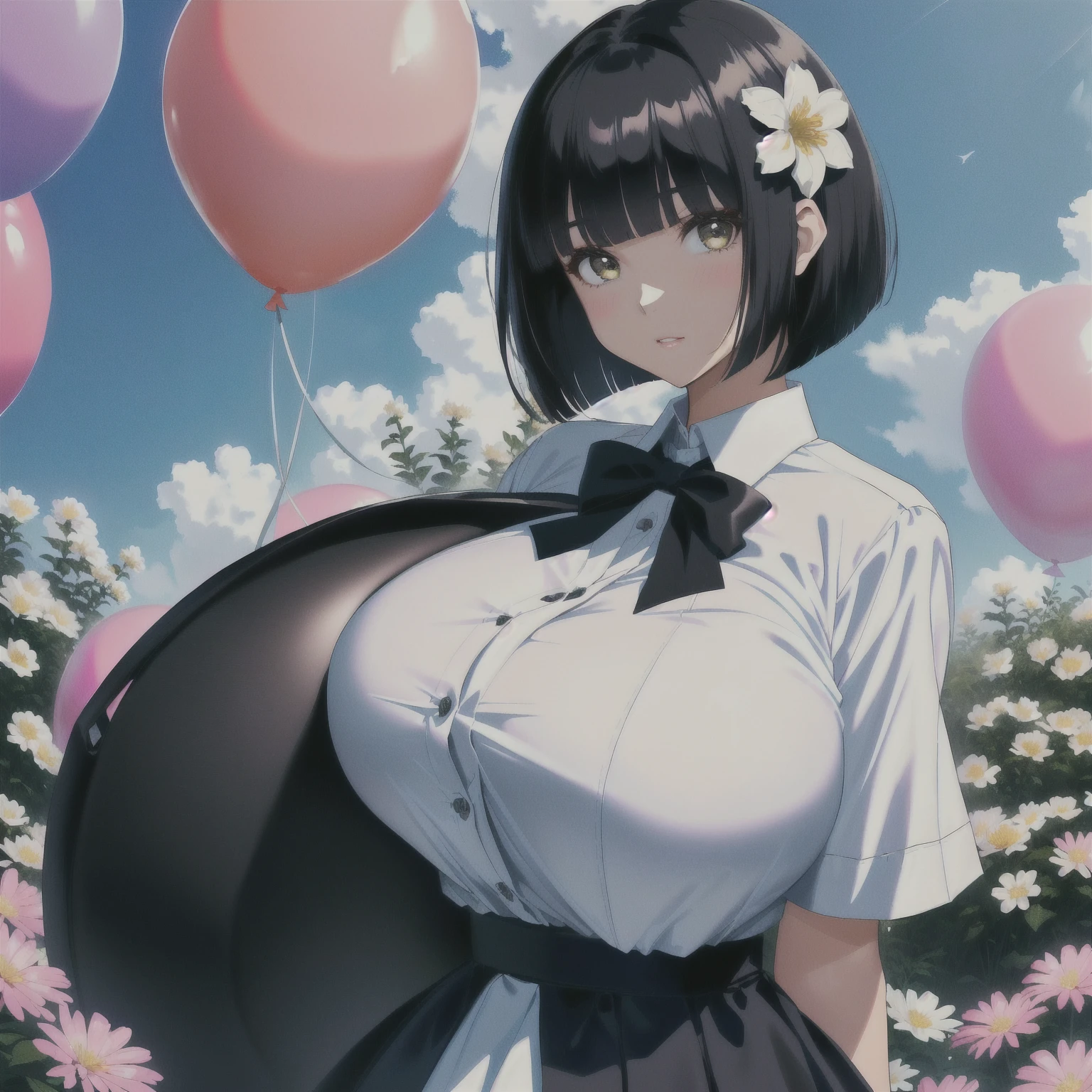 (rape)gigantic breasts,Black bob cut, a a cartoon girl carrying around a huge balloon by the flowers, 1girl, breasts, solo, gigantic breasts, black hair, flower, shirt, bow, bangs, looking at viewer, bowtie