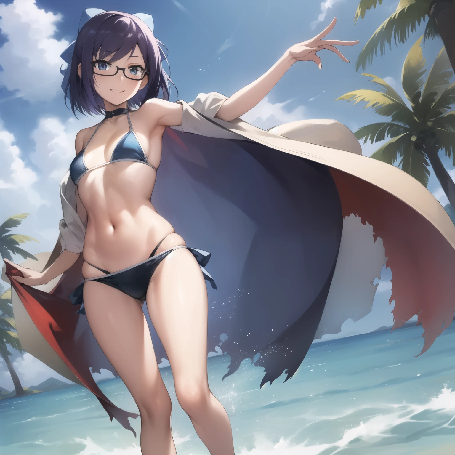 2d, masterpiece, best quality, anime, highly detailed face, highly detailed eyes, highly detailed background, perfect lighting, full body, 1girl, solo, a-chan, beach, bikini, crowd, embarrassed, smile 