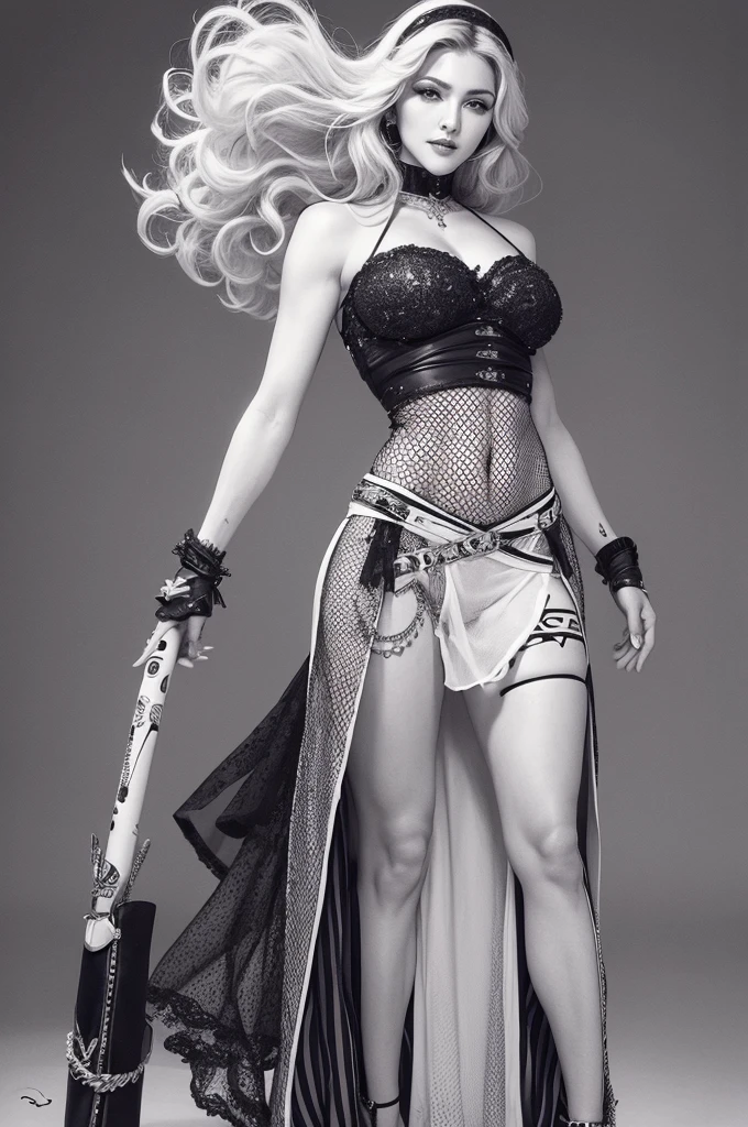 Create an artistic non-realistic fashion croquis sketch that appears to be hand-drawn with ink pen, featuring Madonna in a full-body pose, showcasing Jean Paul Gaultier's signature style. Incorporate techniques like stippling and cross-hatching to add depth and texture