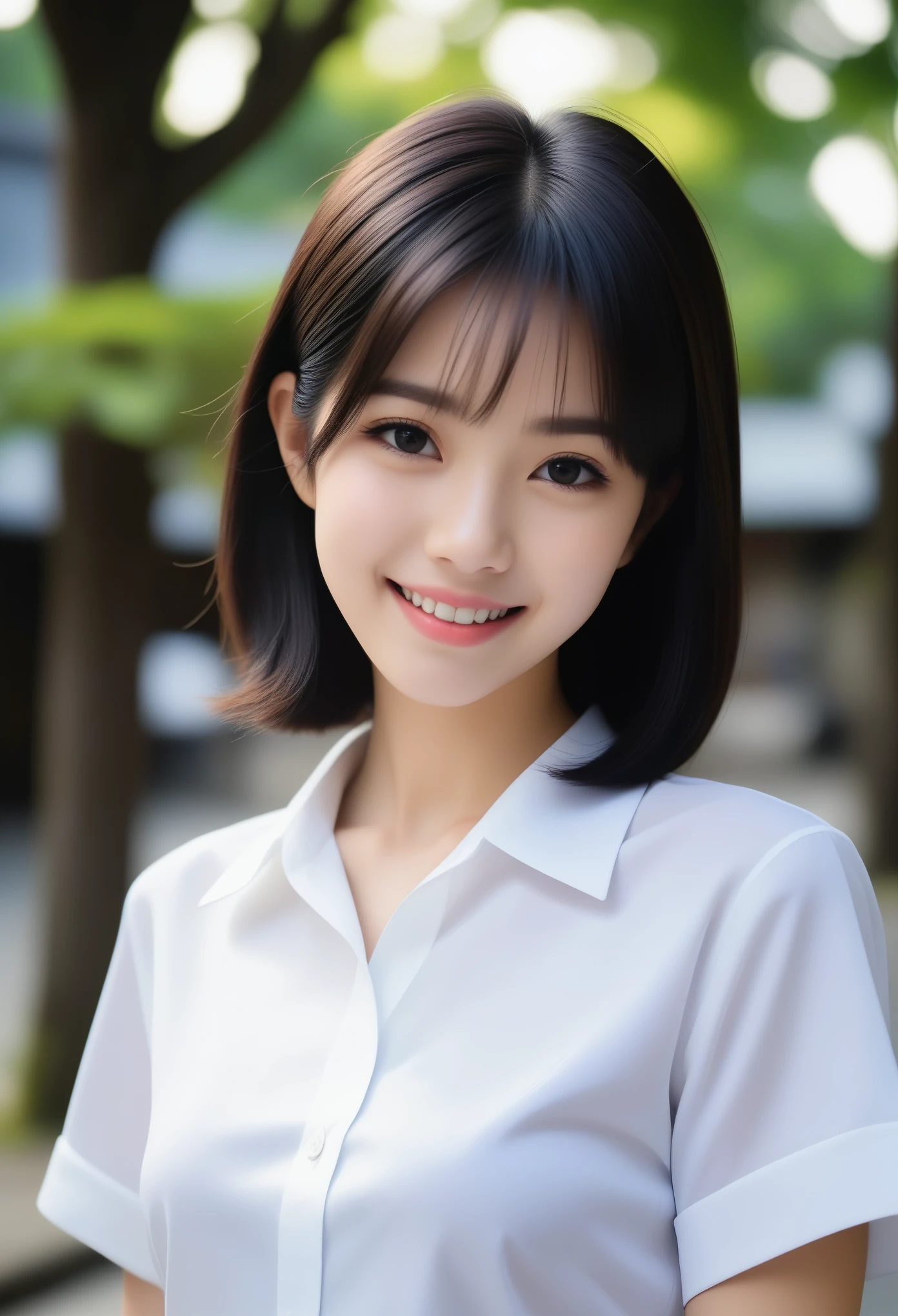 8K, Ultra-high resolution, Highest quality, masterpiece, 三分割法によるphotograph,Surreal, photograph, 1 Girl, (:1.3), pretty girl, Cute face, Beautiful eyes in every detail, 細かくdetailedに,masterpiece,, One Girl:1.2, Japan Female Announcer,whole body,Young Wife,Urban area,street tree,White blouse with collar,Short sleeve,Mid-length tight skirt,A carefree smile,Heal the heart,Black Hair,Short Bob,Looking at the audience、beauty,Long neck、Laugh a little、Please close your mouth and laugh、(((Ideal body type))),A cup small breasts :2,、Portraiture:2、Perfect Anatomy、鮮明なdetailed、detailed、Surreal、Light and shadow,Strong light