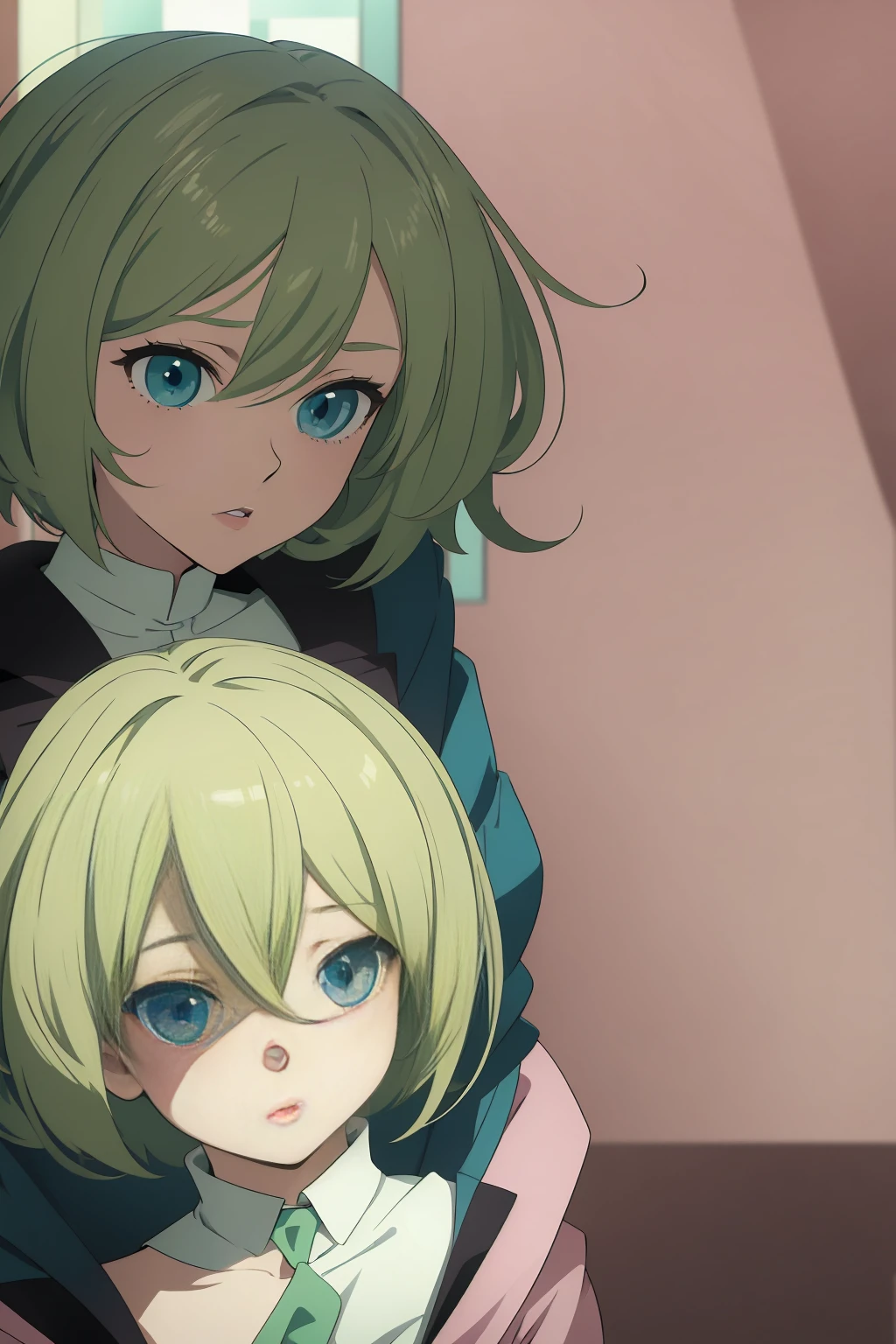 Animated 2D anime girl, Blonde short hair above the shoulders, somewhat curly hair, pale pink lips, pale white skin,blue green eyes, anime