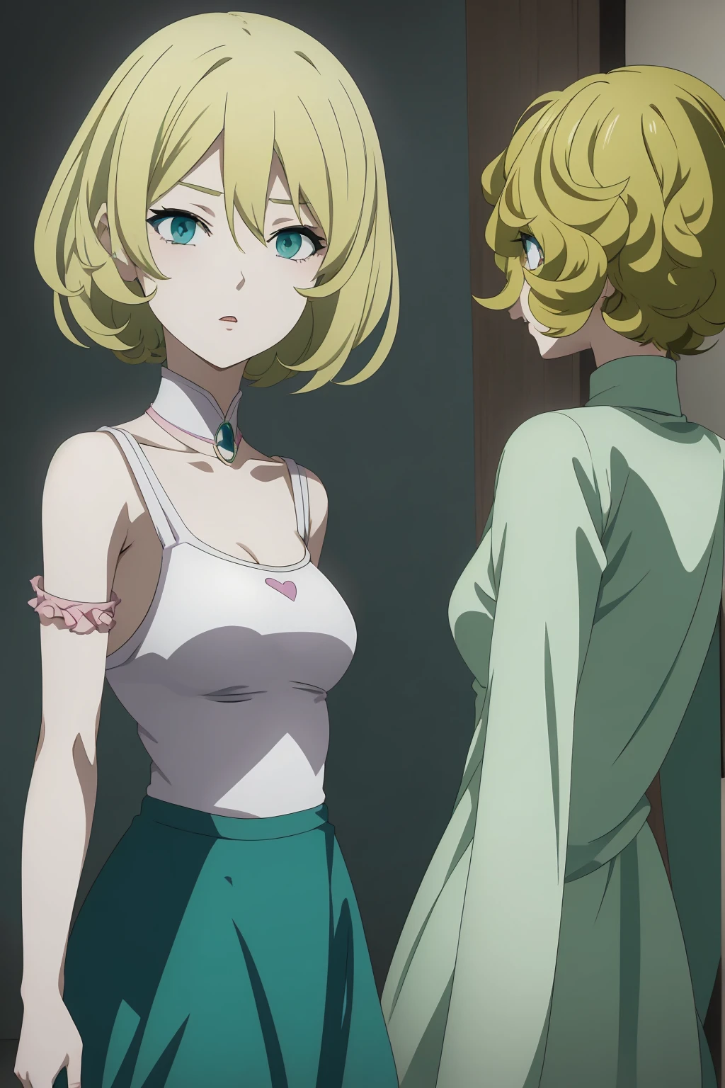Animated 2D anime girl, Blonde short hair above the shoulders, somewhat curly hair, pale pink lips, pale white skin,blue green eyes, anime 