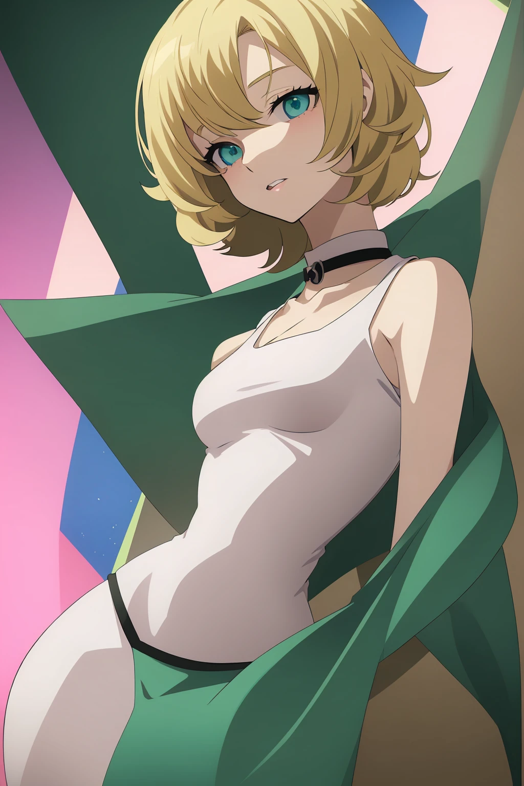 Animated 2D anime girl, Blonde short hair above the shoulders, somewhat curly hair, pale pink lips, pale white skin,blue green eyes, anime 